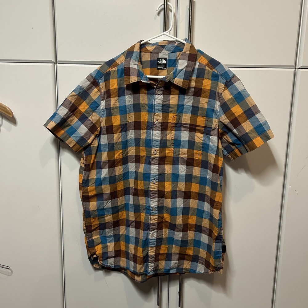 The North Face Mens XL Plaid Short Sleeve Button Down Shirt Blue Orange B725